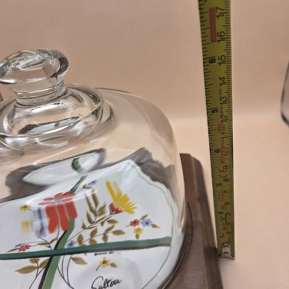 Himark Vintage 1981 Saltara Floral Cheese Dome Glass Lid Wood Base Taiwan